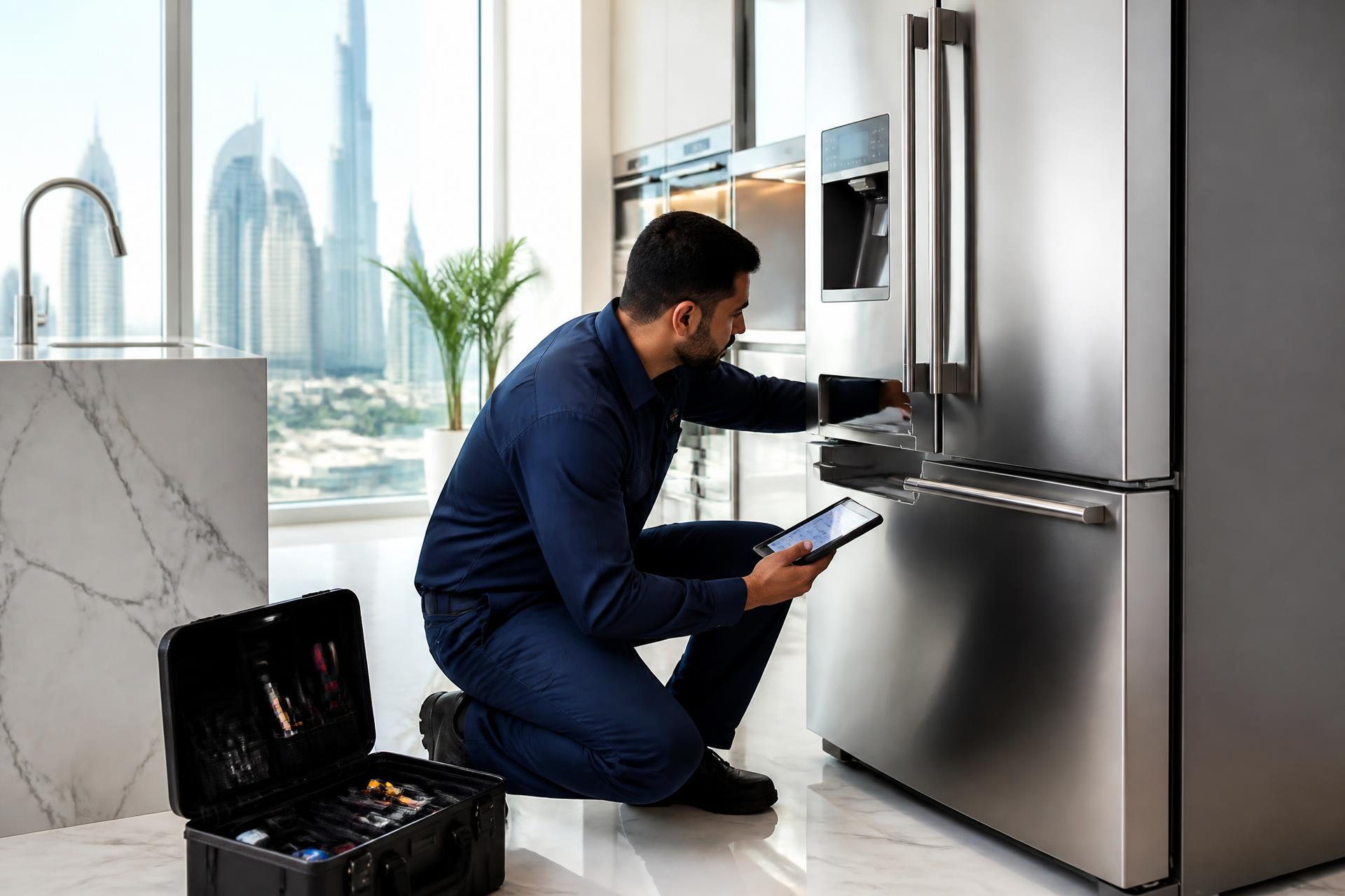 Fix Tech technician diagnosing a refrigerator in a Dubai kitchen